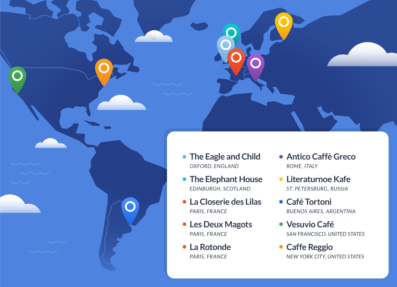 illustrated map of ten iconic literary cafes